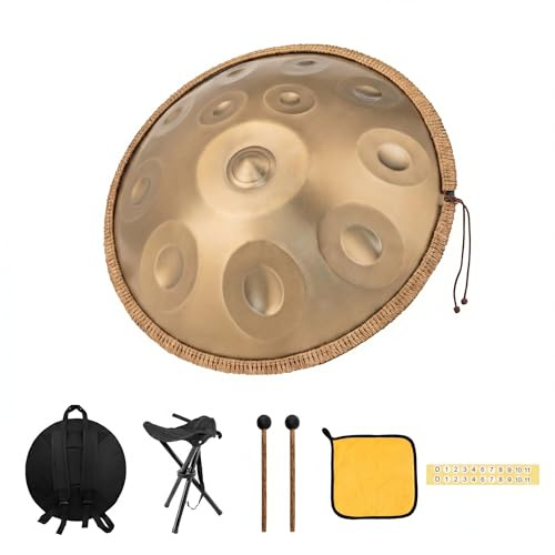 PaaWings Handpan 22 Zoll 12 Töne D-Kurd 440Hz Gold Trommel Set für Meditation Yoga Klangheilung Legierter Stahl inkl Tasche Ständer Schlägel Reinigungstuch Notenaufkleber