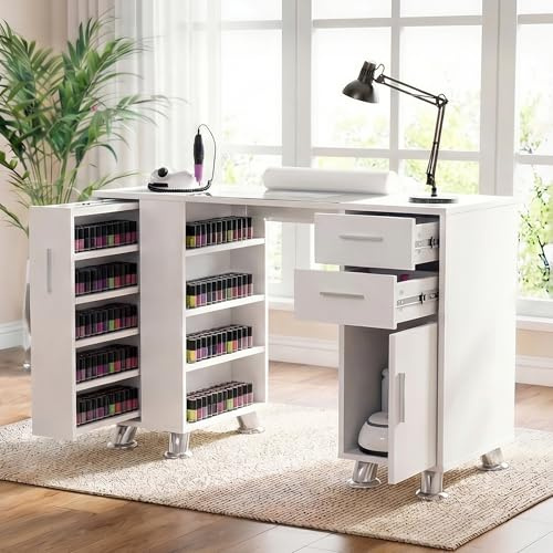 Nail Desk,Professional Manicure Table with Wrist Rest,2 Drawers&Cabinet | Nail Station Beauty Technician Desk with Electric Dust Collector& Dust Bag,Nail Table with Pull-out Locker&8 Metal Legs,White
