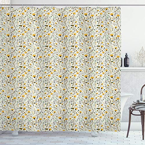 ABAKUHAUS Gekritzel Duschvorhang, Gelbe Frühlingsblumen, Stoffliches Gewebe Badezimmerdekorationsset mit Haken, 175 x 200 cm, Yellow Sea Green Schwarz