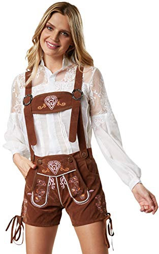 dressforfun 900802 Damen Lederhose mit Träger in klassischer Trachtenform, farbenprächtige, feine Stickereien, braun - diverse Größen - (S| Nr. 302810)