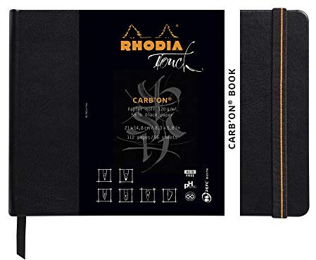 Rhodia 116116C - Carb'On Book DIN A5 (14,8x21 cm), 56 Blatt, blanko, Clairefontaine Papier Carb'On schwarz 120g, Gummizugverschluss, Lesezeichen, Cover aus Kunstleder Schwarz, 1 Stück