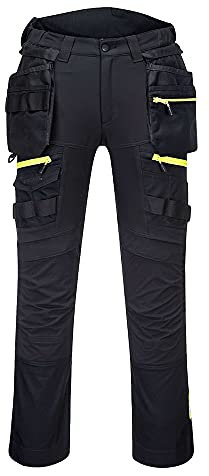 Portwest DX440 Lightweight Detachable Holster Work Trousers Mens Multi Pockets Stretch Safety Workwear Cargo Combat Pants with Free Knee Pads Black, 33