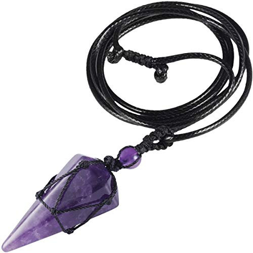 KYEYGWO womens,Unisex, Amethyst Sechseckiger Kristall Anhänger Halskette mit Einstellbare Lederseil, Polierte Quarz Spitz Stein Heilung Reiki Pendel Kette