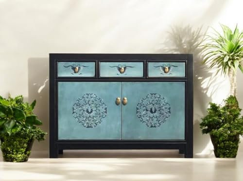 OPIUM OUTLET Sideboard Kommode Schrank asiatisch chinesisch orientalisch Anrichte Vintage türkis Shabby Chic Stil asiatisch orientalisch Holz