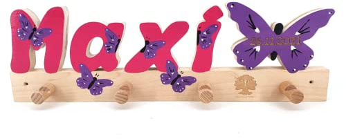 Kindergarderobe - Kleiderhaken Kinder - Holz mit Name (Schmetterling)
