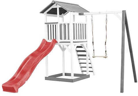 AXI Beach Tower Spielturm aus Holz in Weiß & Grau | Spielhaus für Kinder mit roter Rutsche, Schaukel und Sandkasten | Stelzenhaus für den Garten