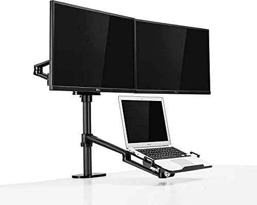 Thingy Club Height Adjustable 3 in 1 Laptop Monitor Stand Compatible with 12 to 17 inch Laptop, Hold 2 Monitors up to 27 inch with VESA, Monitor Desk Stand arm Riser Mount Stand Workstation (Black)