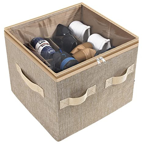 Moteph Shoe Organizer Closet Storage Solution with Clear Cover & Adjustable Dividers for Shoes, Handbags, Blankets, Linen, Clothing (Small - 12 Pairs, Light Brown)