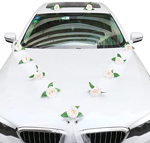 FYting Autoschmuck Hochzeit, Autoschmuck Braut Paar, Rose Deko Auto Schmuck Brautwagen Girlande Dekoration Wedding Deko Ratan Autoschmuck Hochzeit Romantische Atmosphäre Hochzeitsdeko Auto(Weiß)