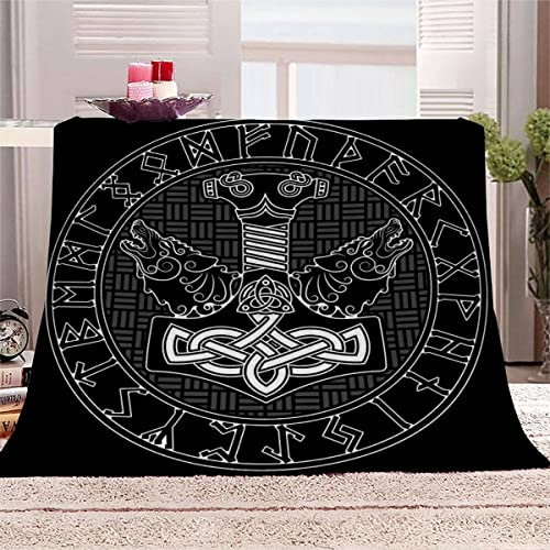 Ruiqieor Wikinger Kuscheldecken 150x200 cm,Decke mit Wikinger Tottem Rune Motiv, 3D-Digitaldruck Nordische Odin Warrior Schwert Axt,Weich Flanelldecke für Kinder Erwachsene(#13)