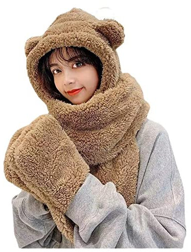 Berun 3 In 1 Mütze Damen Winter Set, Warme Mütze Schal Handschuhe Set mit Fleecefutter, Dicke Plüsch Hut Set für Damen Mädchen, Braun, Einheitsgröße, MZ-009