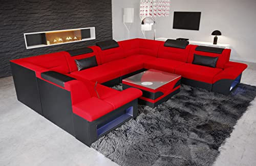 Sofa Wohnlandschaft Brianza - mit LED Beleuchtung, verstellbare Kopfstützen, Mikrofaser/Ausrichtung wählbar (Lange Seite rechts, Schwarz-Rot)