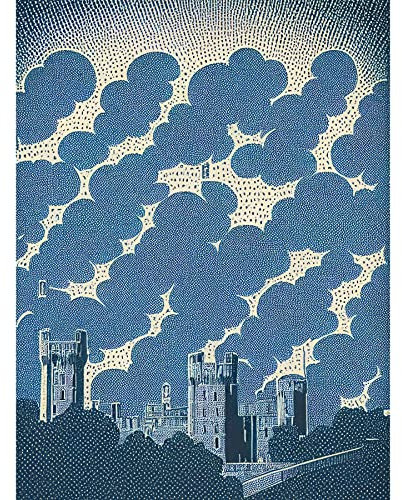 Wee Blue Coo Windsor Castle with Cloudy Sky Lithograph Illustration in Blue Unframed Wall Art Print Poster Home Decor Premium