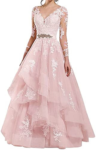 CLcaojun Robe de mariée transparente à manches longues et col en V pour femme, rose clair, 46
