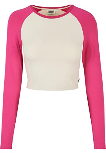 Urban Classics Women's Ladies Organic Cropped Retro Baseball Longsleeve T-Shirt, Whitesand/Hibiscus Pink, S