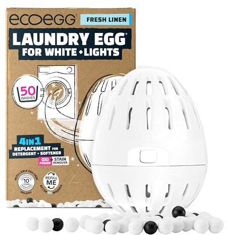Ecoegg Laundry Egg for Whites + Lights | 4in1 Replacement for detergent, softener, oxi power + stain remover | Non bio | Sensitive Skin | 50 Washes | Fresh Linen