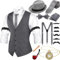 20er Jahre Herren Accessoires mit Weste Fedora Hut Taschenuhr Fliege Krawatte Hosenträger und Requisit (Grau, XL)