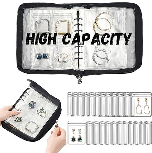 AVELIO Jewelry Organizer Travel Earring Organizer Case Transparent Jewelry Storage Book for Earring, Necklace, Ring, With pvc Jewelry Pouches Zipper Bags