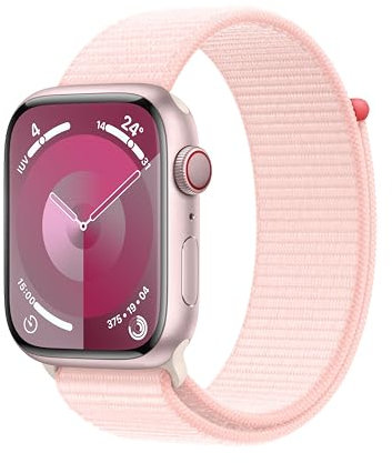 Apple Watch Series 9 GPS + Cellular 45mm Smartwatch con cassa in alluminio rosa e Sport Loop rosa confetto. Fitness tracker, app Livelli O₂, display Retina always-on, resistente all’acqua