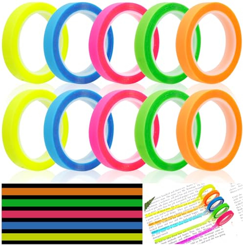 10 Rollen Highlight Strips Textmarker Band Ablösbar Fluoreszierende Bänder Farbige Transparentes Klebeband für Lehrer Schüler Zubehör Klasse Büro Notizzettel Textmarker-klebeband(0.6cm x 5m)
