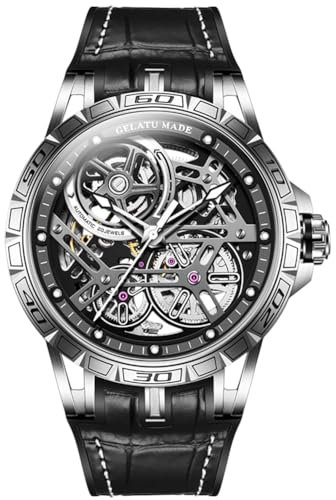 Skelett-Herrenuhren, automatisch, mechanisch, Luxusuhr, Saphirglas, Lederband, wasserdicht, leuchtende Armbanduhr, Silberfarben und Schwarz, 6015
