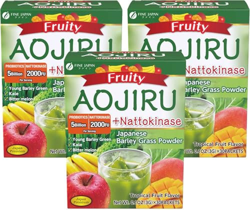 FINE JAPAN Green Aojiru Powder with Fruits and Nattokinase, Powder Juice & Smoothie Mix, Supports Digestion and Energy (154 gr/5.4 oz/30 Packets) Set of 3