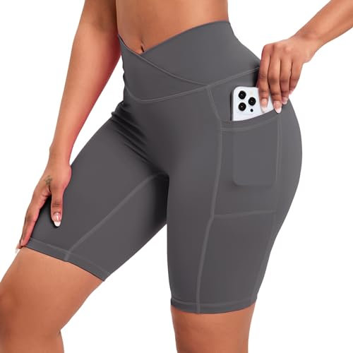 Vertvie Damen Hoher Taille V Cross Radlerhose Blickdicht Knielang Kurz Leggings mit Taschen Stretch Push Up Gym Shorts Workout Sportshorts Nahtlos Fitness Sommer Hose (Dunkelgrau, M)