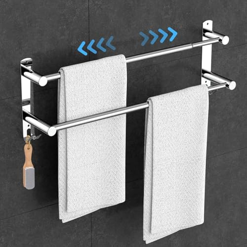 ANBOO Handtuchhalter Ohne Bohren Ausziehbar 43-78CM, Edelstahl Handtuchhalter mit 2 Haken für Badezimmer Küche, Wandmontage in Silber (2-Schicht)