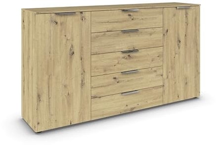 Rauch Möbel Flipp, Kombikommode, Kommode mit Stauraum für Wohnzimmer, Schlafzimmer, Flur, 4 Fachböden, Eiche Artisan, Holz, 2-türig, 5 Schubladen, Griffe chrom, 180x100x42cm