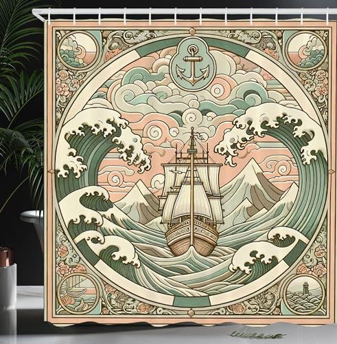 ABAKUHAUS Nautisch Duschvorhang, Volkskunststil Marinekomposition von Sturmwellen Schiff und Ornamenten, Stoffliches Gewebe Badezimmerdekorationsset mit Haken, 175 x 200 cm, Rouge Kadettenblau Ecru