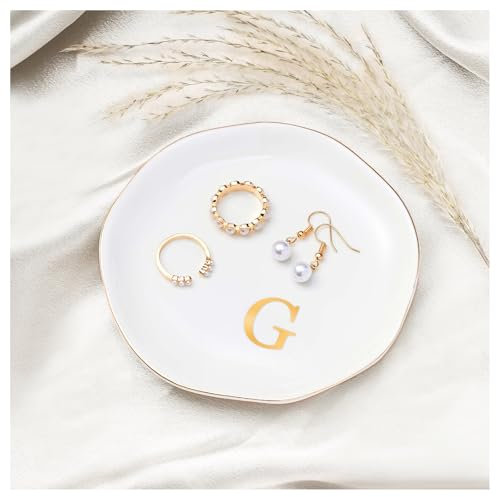 Procase Bandeja para Joyas, Organizador Plato de Cerámica con Monograma de Joyería Guardar y Exhibir Joyas Pendientes Anillos Pulseras y Collares -G