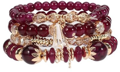 Boho Kristall Perlen Armband, 4 Stück Boho Quaste Armbänder für Damen, Natürliches Kristall Heilsteine Armband, Statement Armreifen für Weihnachten, Valentinstag, Geburtstag (Violett)