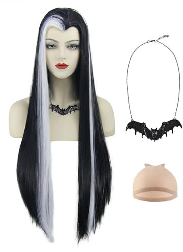 Perücke Schwarz Weiß für Lily Munster Kostüm mit Fledermaus Halskette Lang Glatt Synthetische Perücken für Damen Mädchen Halloween Karneval Mottoparty Kostüm Wig AL093
