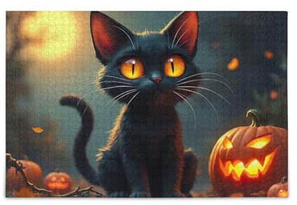1000 Pieces Jigsaw Puzzle Black Cat Pumpkin Dark Sturdy 2mm Puzzle Pieces Funny Puzzle for Adults Kids