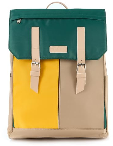 RANZN® – Amsterdam – Premium Schulrucksack, wasserabweisende Schultasche, Tagesrucksack mit Laptopfach für 15 Zoll Notebook, verstellbare Trageriemen, Grün-Gelb-Beige