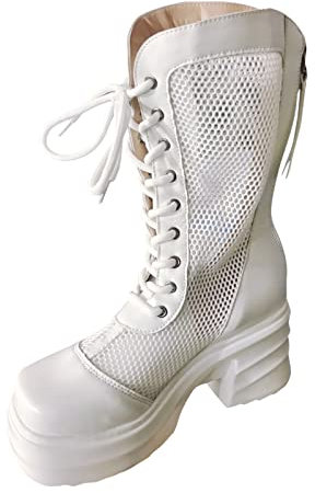 Stivali corti da donna, alla moda, estivi, con inserti in pelle e lacci, tacco spesso, stivali con taglio, bianco, 39.5 EU