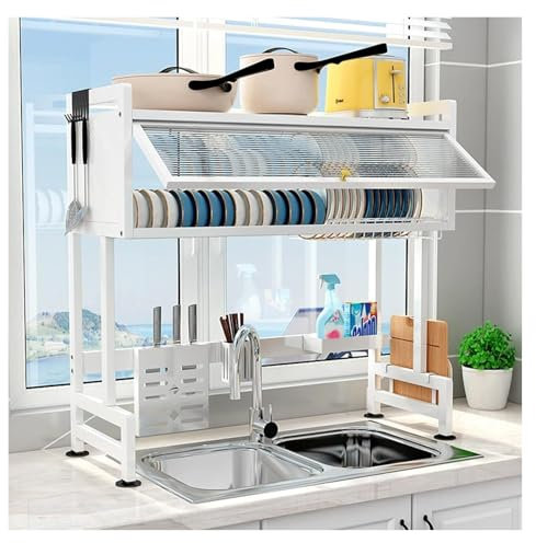 escurreplatos de cocina Escurridor de platos de acero inoxidable de 2 niveles, organizador grande for encimera de cocina con puerta abatible for platos, vasos, cuencos y cubiertos