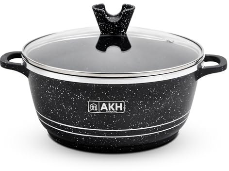 AKH HOUSEWARE Non Stick Stock Pot with Lid Casserole Dish - Large Heavy Duty Die Cast Aluminum Stockpot - Granite Finish Cooking Pot - Gas & Induction Hob Compatible (Black, 24CM)