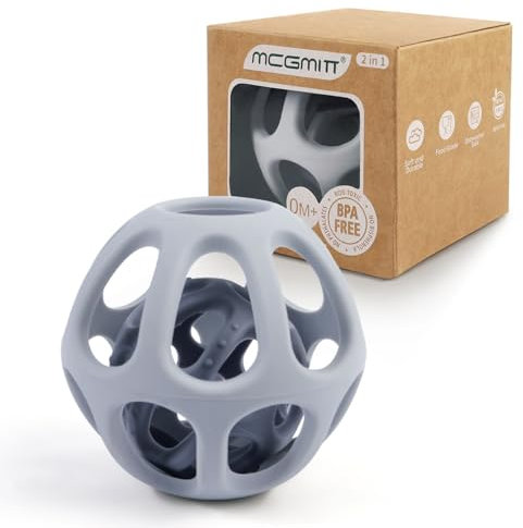 MCGMITT Mordedor Bebé 2 en 1, Juguete de Silicona para la Dentición con Pelota de Agarre, Mordedor para Bebés a partir de 0 Meses+, Juguete Sensorial Sin BPA, Accesorios para la Dentición (Gris)