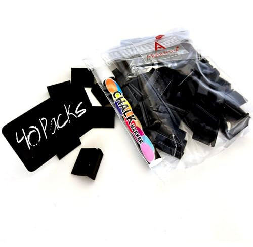 Packung mit 40 wiederverwendbaren Kunsttafeln + 40 Basen à 25 mm + Flüssigkreidemarker, Preishalter, Preisschilder, Mini-Tafeln für Preisschilder, Schwarz