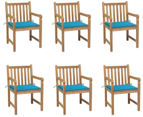 Xichuzi Gartenstühle 6 STK. mit Blauen Kissen, Gartenmöbel, Balkonstühle, Hochlehner, Balkonmöbel, Bistrostuhl, Garten Stühle, Sit Möbel, Armlehnenstuhl, Massivholz Teak