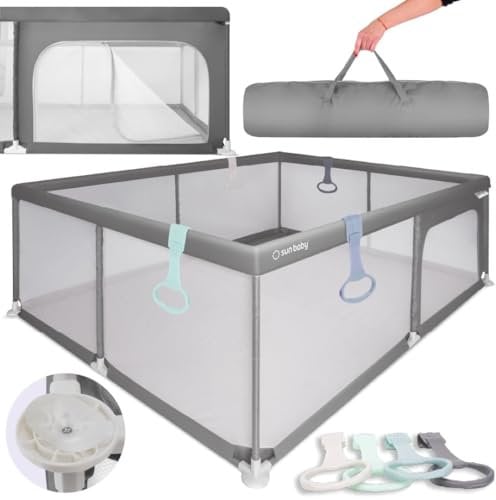sun baby Laufstall mit grünen Griffen 150x200 cm 0-2 Jahre Grau, Polyester, Netzwände, Eingang mit Reißverschluss, rutschfeste Füße, Tragetasche im Set, Metallrahmen