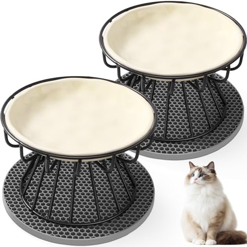 Vikcvcsc Lot de 2 Gamelle Chat Surélevée, Gamelle Chat Ceramique avec Support en Métal et Tapis Antidérapant, Anti Vomissement, Bol pour Petits Chiens - Beige