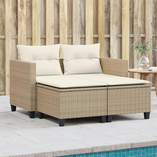 ChicAbode Gartensofa 2-Sitzer mit Hockern Beige und Creme Poly Rattan