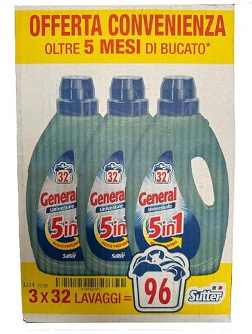 General Detersivo Liquido Per Bucato In Lavatrice 32 Lavaggi 3 Flaconi Da 1,44 Lt