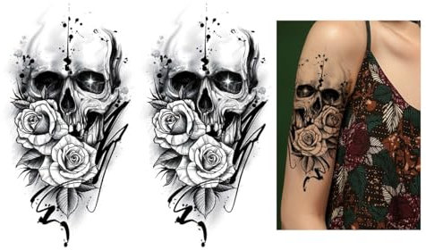 2 feuilles de tatouage temporaire tête de mort rose tatouage motard faux tatouage NAG007x2