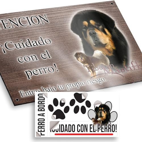 Mastín Tibetano Cartel Cuidado Perro Peligroso 20x12,5cm - Diseño Madera Marrón Dibond con Pegatina Coche 20x5cm