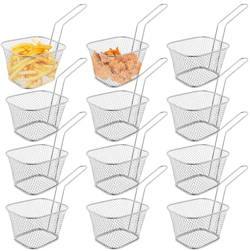 12 Stück Pommes Körbchen, Frittierkorb Silber Friteusenkorb zum Servieren, Klein Edelstahl Pommes Korb mit Griff, Servierkörbchen für Pommes Frites Garnelen Zwiebelringen