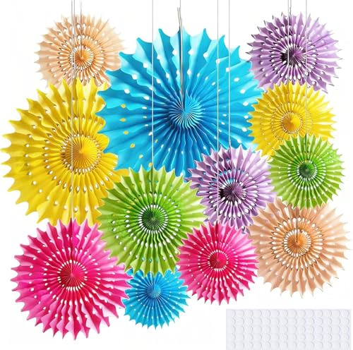 Hexizexi 12 Stück Bunt Papier Fächer Blau Gelb Hängende Papierfächer Deko | 20/25/35/40cm Fächer Deko Hochzeitsfestdeko Blumenfächer für Geburtstag Hochzeit Graduierung Party Baby Shower Party Deko