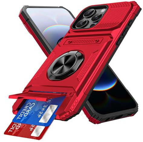 IMIRST Wallet Case for iPhone 15 Plus with Card Holder, LM Red | Military Grade Drop Protection,Shockproof,Heavy Duty Protection,Magnetic Rotatable Ring With Stand,2 Card Slots
